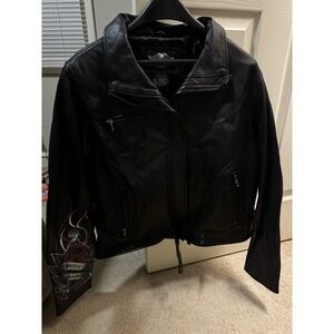 Harley-Davidson Black Leather Jacket XL Rose Graphics Embroidery